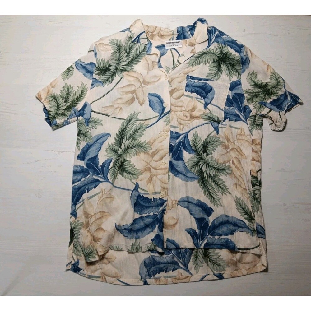 Vintage Alfred Dunner Short Sleeve Button Up Tropical Blouse Sz 14 Made In USA